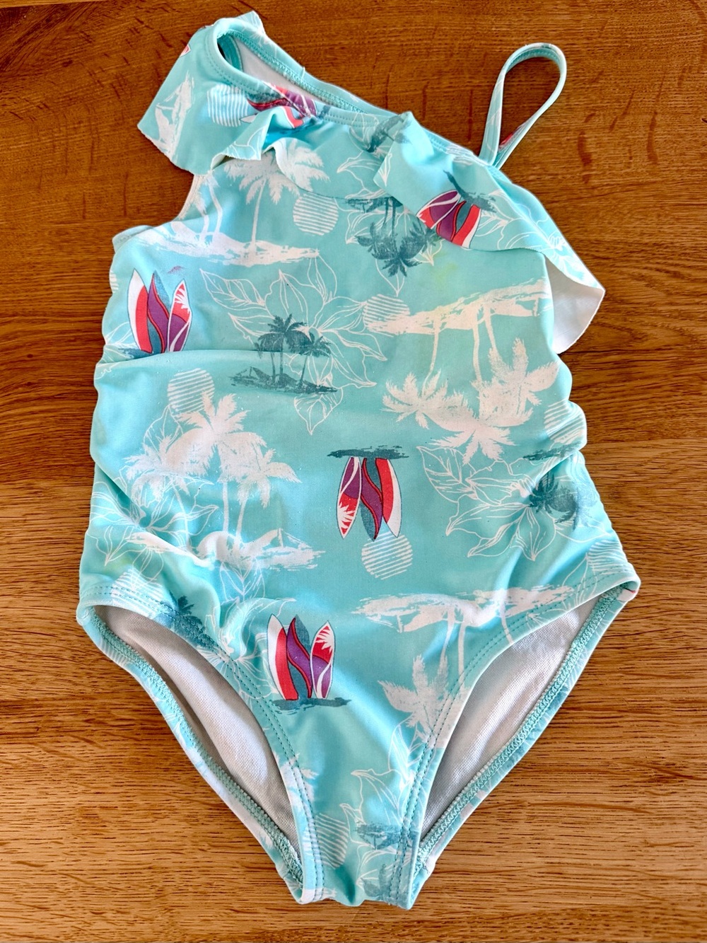 OshKosh B'gosh Aqua One-Shoulder Palm Print Ruffle Swimsuit - 3T